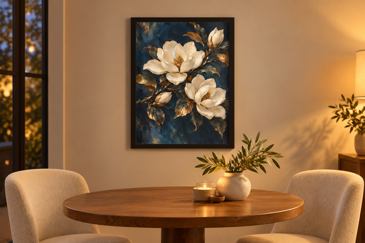 Magnolia framed art in a dining nook