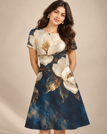 Midnight Magnolia A-Line Dress – Ivory Floral Print