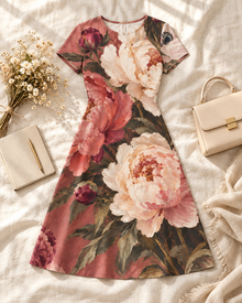 Vintage Peony Garden A-Line Dress – Terracotta Floral Print
