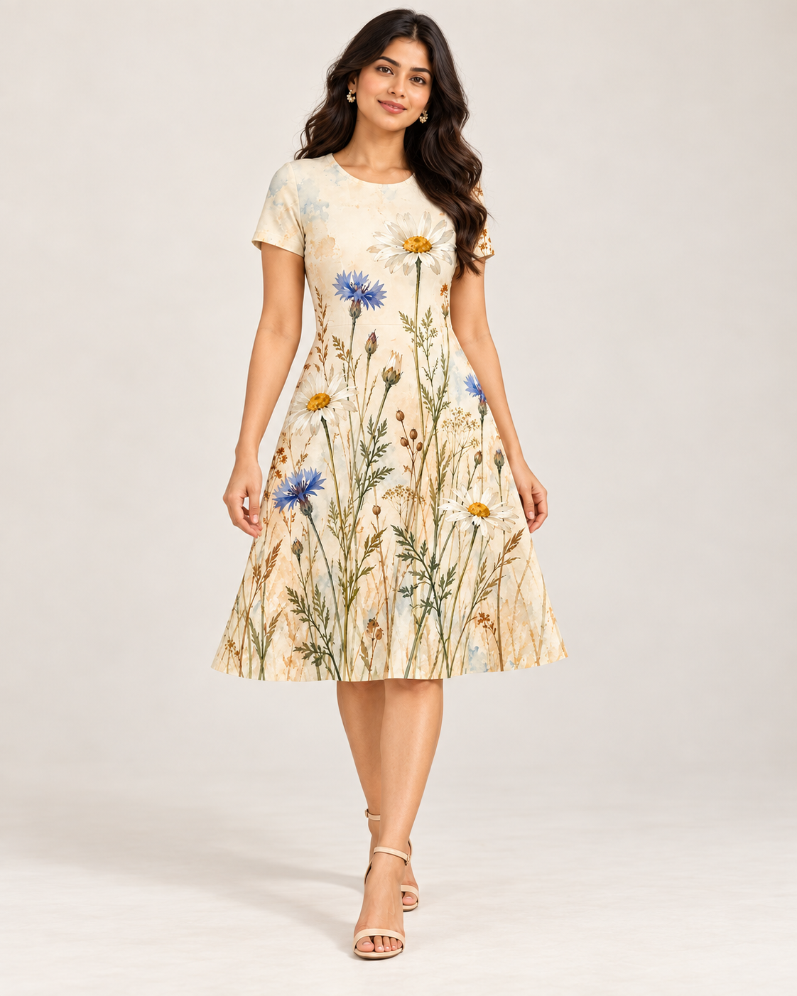 Wildflower Meadow A-Line Dress – Ivory Daisy & Cornflower Print