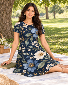 Midnight Bloom Navy Floral A-Line Dress