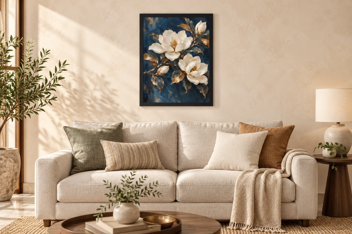 Midnight Magnolia framed print in a styled living room