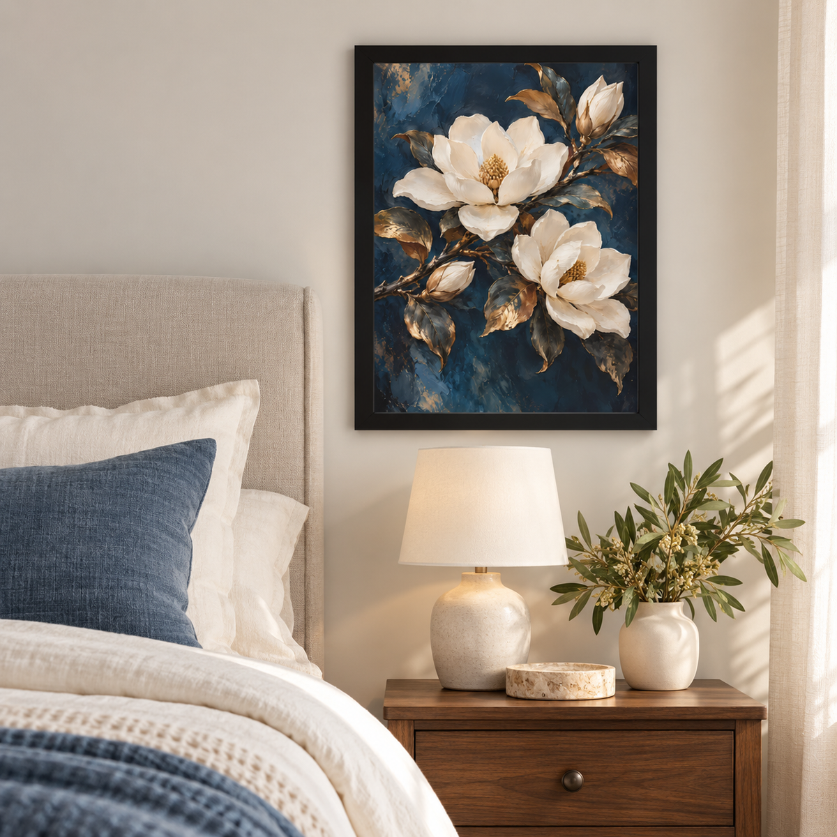 Magnolia framed art in a styled bedroom