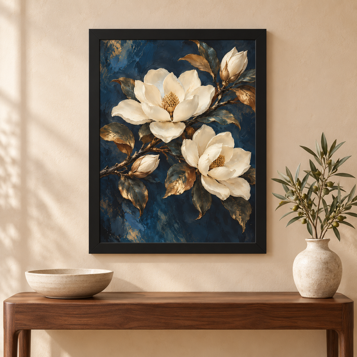 Magnolia framed art above an entryway console