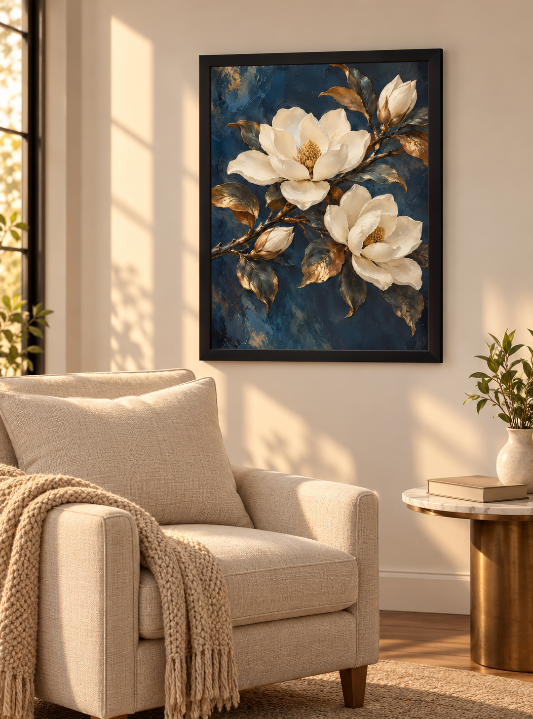 Magnolia framed print in a reading corner