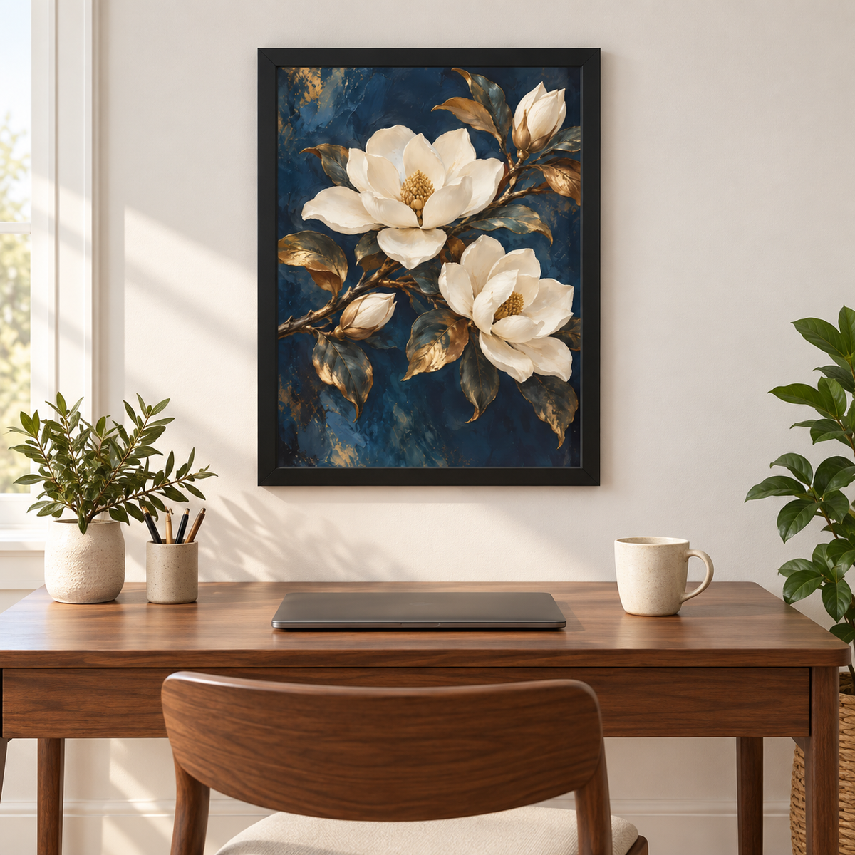 Magnolia framed art above a home office desk