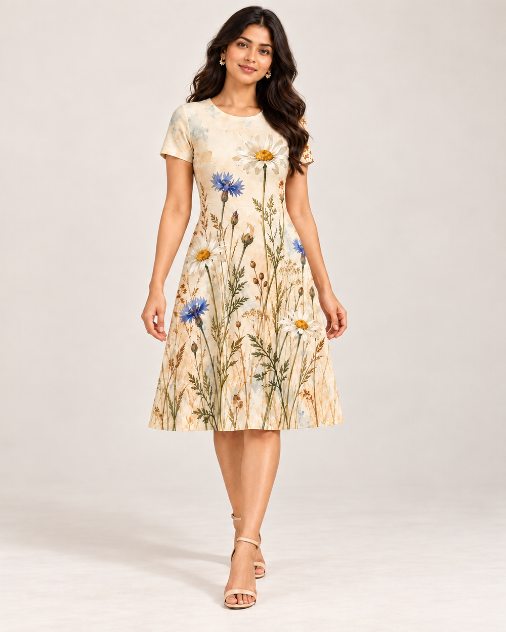 Wildflower Meadow A-Line Dress – Ivory Daisy & Cornflower Print