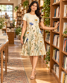 Wildflower Meadow A-Line Dress – Ivory Daisy & Cornflower Print