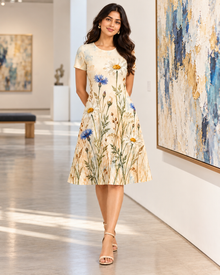 Wildflower Meadow A-Line Dress – Ivory Daisy & Cornflower Print