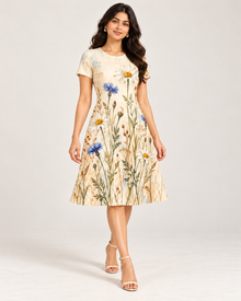 Wildflower Meadow A-Line Dress – Ivory Daisy & Cornflower Print