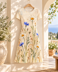 Wildflower Meadow A-Line Dress – Ivory Daisy & Cornflower Print