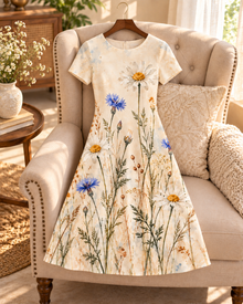 Wildflower Meadow A-Line Dress – Ivory Daisy & Cornflower Print