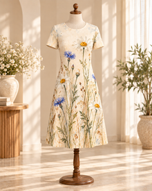 Wildflower Meadow A-Line Dress – Ivory Daisy & Cornflower Print