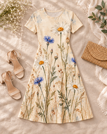 Wildflower Meadow A-Line Dress – Ivory Daisy & Cornflower Print