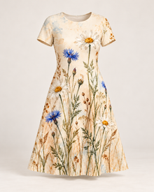 Wildflower Meadow A-Line Dress – Ivory Daisy & Cornflower Print