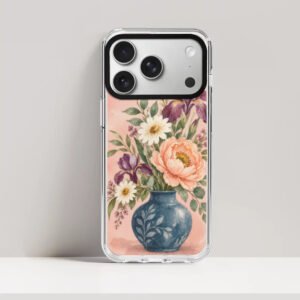Peach Bloom Watercolor Floral iPhone Case – Botanical Blue Vase Protective Cover