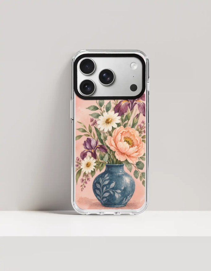Peach Bloom Watercolor Floral iPhone Case – Botanical Blue Vase Protective Cover